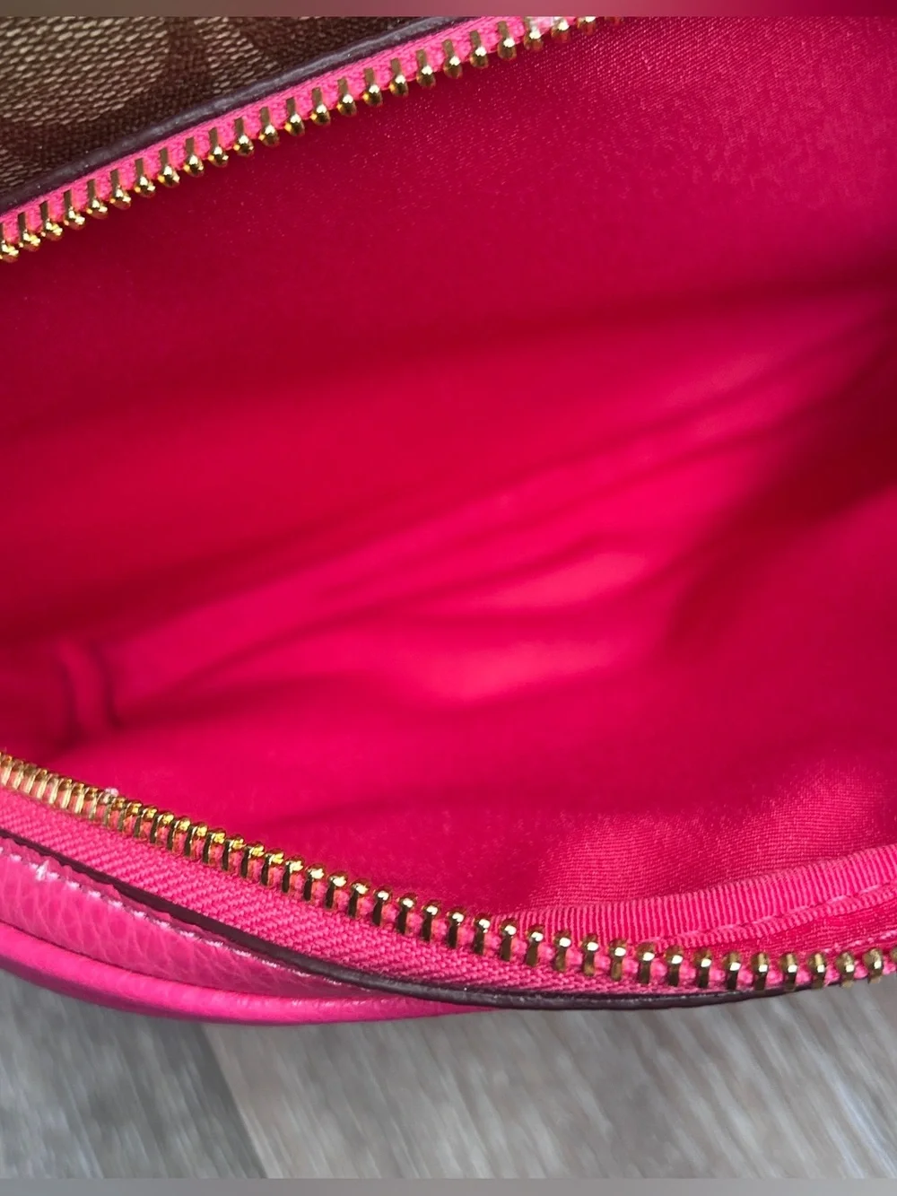 Coach Signature Monogram Pink Leather Trim Backpack – Gold Hardware – Medium